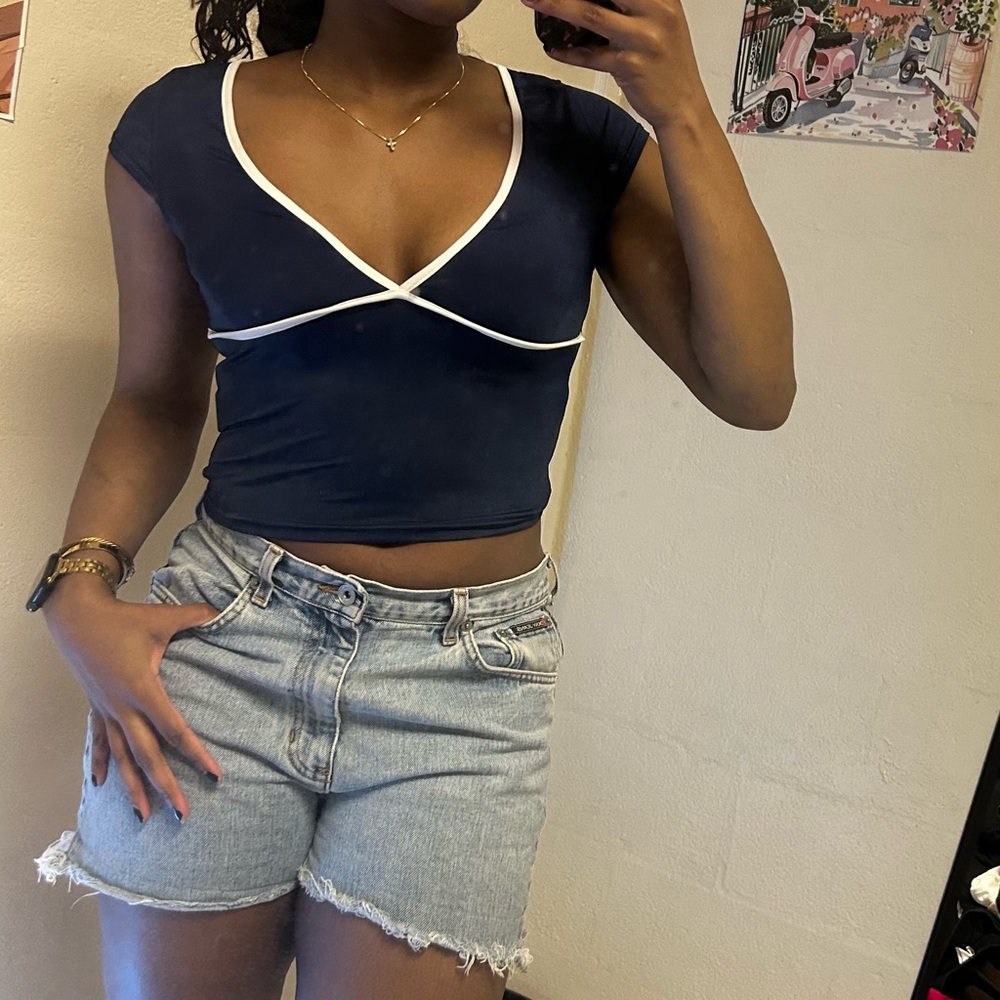 Navy Blue Women's Top with White Trim